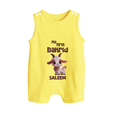 My First Bakrid Cute Goat Illustration Personalized Baby Button Romper - PASTEL YELLOW - New Born (Chest 18")