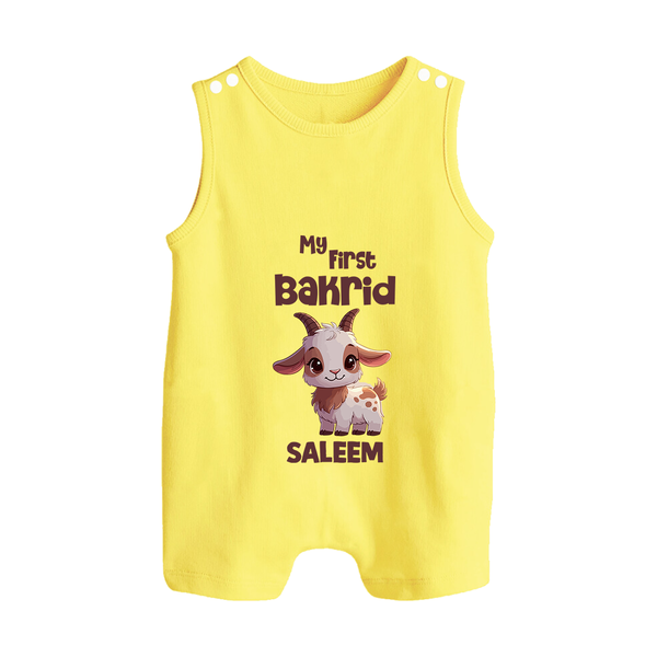 My First Bakrid Cute Goat Illustration Personalized Baby Button Romper - PASTEL YELLOW - New Born (Chest 18")