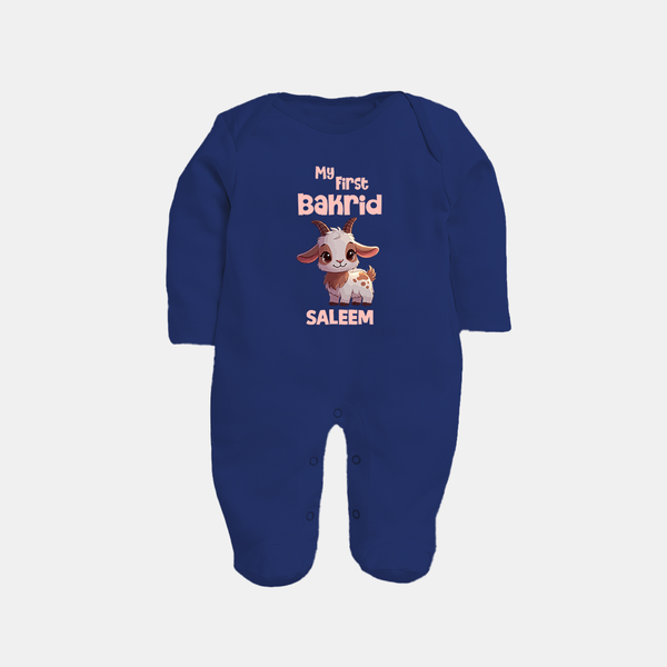 My First Bakrid Cute Goat Illustration Personalized Baby Full Body Suit - NAVY BLUE - New Born (Chest 7.5")