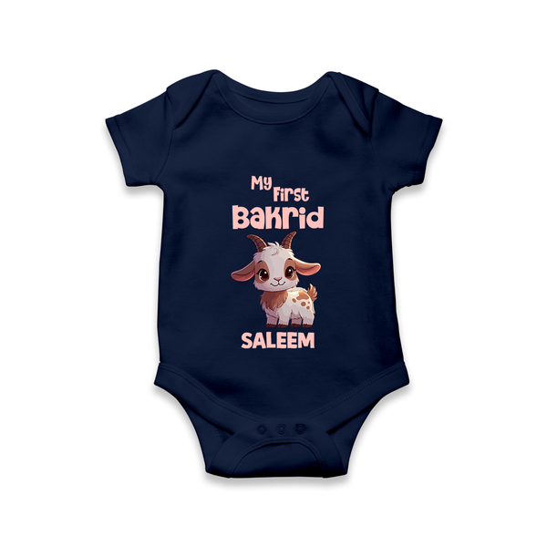 My First Bakrid Cute Goat Illustration Personalized Baby Romper - NAVY BLUE - New Born (Chest 14")