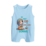 My First Eid with Ammi & Abbu Prayer Theme Personalized Baby Button Romper - BABY BLUE - New Born (Chest 18")