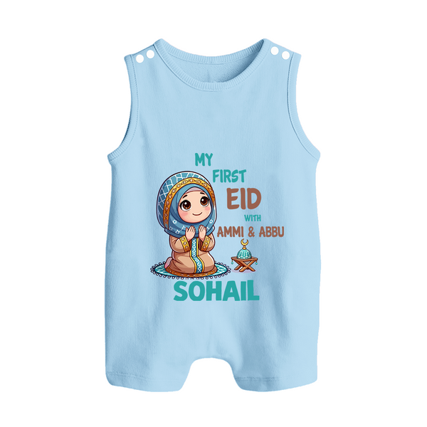My First Eid with Ammi & Abbu Prayer Theme Personalized Baby Button Romper - BABY BLUE - New Born (Chest 18")