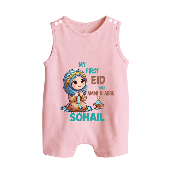My First Eid with Ammi & Abbu Prayer Theme Personalized Baby Button Romper - BABY PINK - New Born (Chest 18")