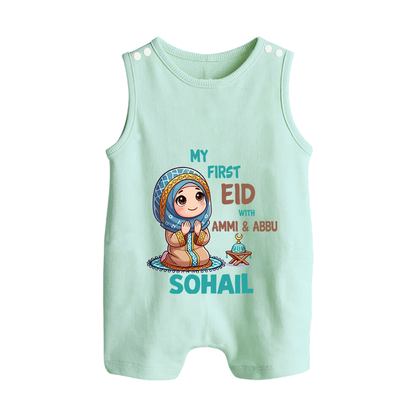 My First Eid with Ammi & Abbu Prayer Theme Personalized Baby Button Romper - MINT GREEN - New Born (Chest 18")