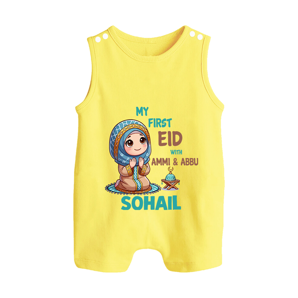 My First Eid with Ammi & Abbu Prayer Theme Personalized Baby Button Romper - PASTEL YELLOW - New Born (Chest 18")