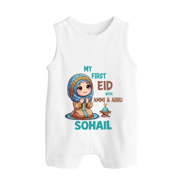 My First Eid with Ammi & Abbu Prayer Theme Personalized Baby Button Romper - WHITE - New Born (Chest 18")