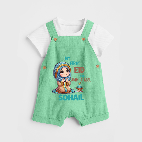 My First Eid with Ammi & Abbu Prayer Theme Personalized Baby dungaree - GREEN - 0 - 5 Months Old (Chest 18")