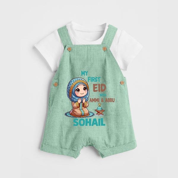 My First Eid with Ammi & Abbu Prayer Theme Personalized Baby dungaree - MINT GREEN - 0 - 5 Months Old (Chest 18")
