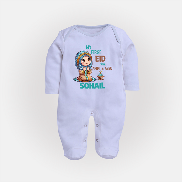 My First Eid with Ammi & Abbu Prayer Theme Personalized Baby Full Body Suit - BABY BLUE - New Born (Chest 7.5")