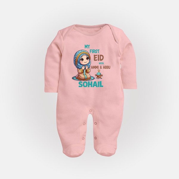 My First Eid with Ammi & Abbu Prayer Theme Personalized Baby Full Body Suit - BABY PINK - New Born (Chest 7.5")