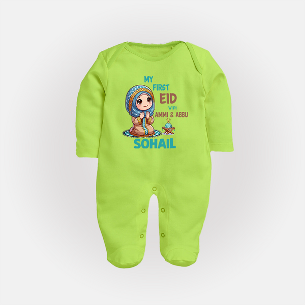 My First Eid with Ammi & Abbu Prayer Theme Personalized Baby Full Body Suit - LIME GREEN - New Born (Chest 7.5")