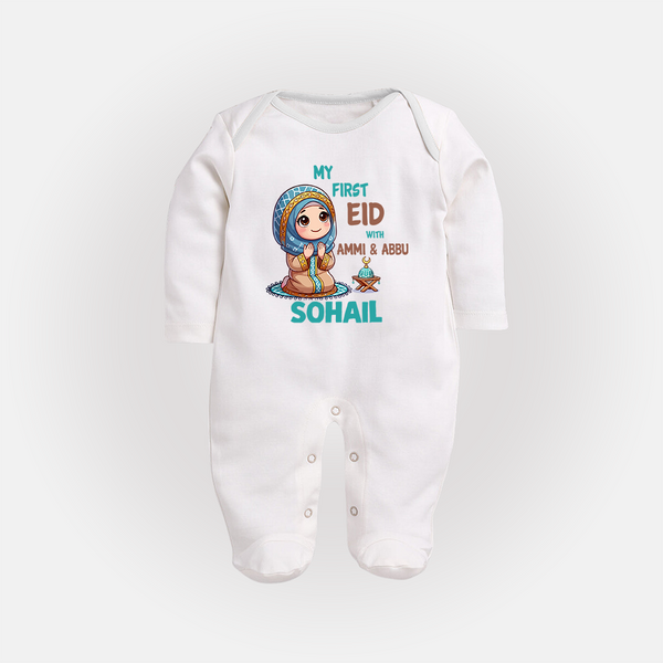My First Eid with Ammi & Abbu Prayer Theme Personalized Baby Full Body Suit - WHITE - New Born (Chest 7.5")