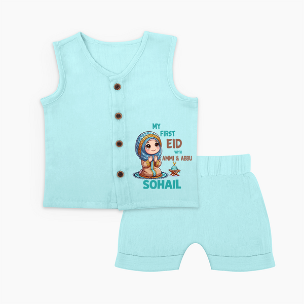 My First Eid with Ammi & Abbu Prayer Theme Personalized Baby jabla - BABY BLUE - 0 - 3 Months Old (Chest 9.8")