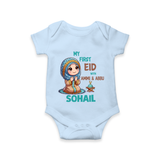 My First Eid with Ammi & Abbu Prayer Theme Personalized Baby Romper - BABY BLUE - New Born (Chest 14")
