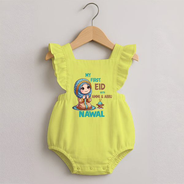 My First Eid with Ammi & Abbu Prayer Theme Personalized Baby Romper Frock - PASTEL YELLOW - 0 - 3 Months Old (Chest 19")
