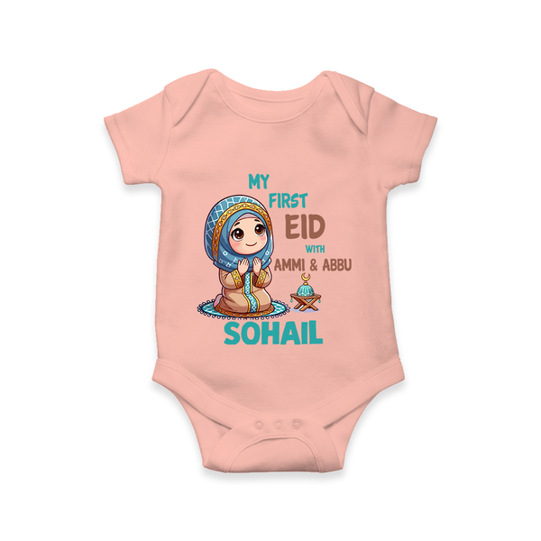 My First Eid with Ammi & Abbu Prayer Theme Personalized Baby Romper - PEACH - New Born (Chest 14")