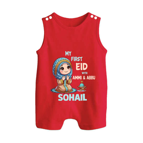 My First Eid with Ammi & Abbu Prayer Theme Personalized Baby Button Romper - RED - New Born (Chest 18")