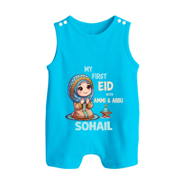 My First Eid with Ammi & Abbu Prayer Theme Personalized Baby Button Romper - SKY BLUE - New Born (Chest 18")