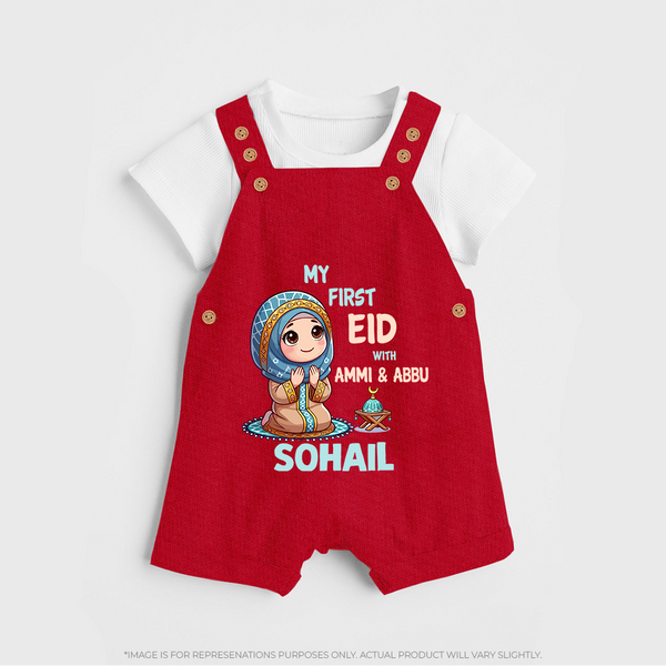 My First Eid with Ammi & Abbu Prayer Theme Personalized Baby dungaree - RED - 0 - 5 Months Old (Chest 18")