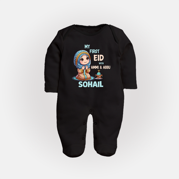 My First Eid with Ammi & Abbu Prayer Theme Personalized Baby Full Body Suit - BLACK - New Born (Chest 7.5")