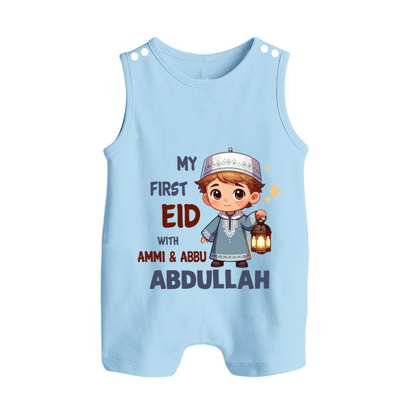 My First Eid with Ammi & Abbu Lantern Boy Personalized Baby Button Romper - BABY BLUE - New Born (Chest 18")