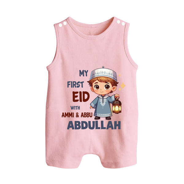 My First Eid with Ammi & Abbu Lantern Boy Personalized Baby Button Romper - BABY PINK - New Born (Chest 18")