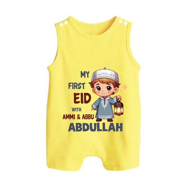 My First Eid with Ammi & Abbu Lantern Boy Personalized Baby Button Romper - PASTEL YELLOW - New Born (Chest 18")