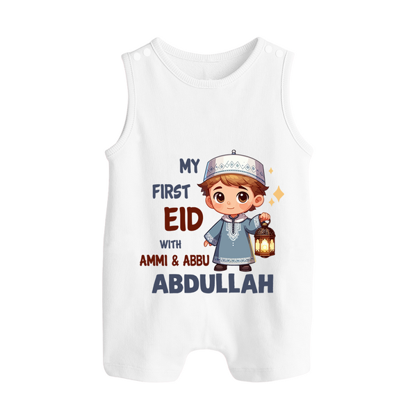 My First Eid with Ammi & Abbu Lantern Boy Personalized Baby Button Romper - WHITE - New Born (Chest 18")