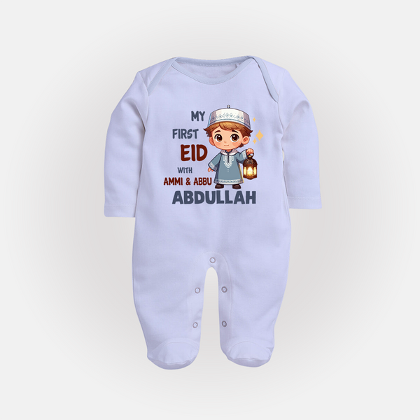 My First Eid with Ammi & Abbu Lantern Boy Personalized Baby Full Body Suit - BABY BLUE - New Born (Chest 7.5")