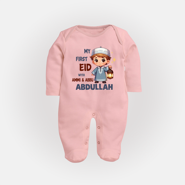 My First Eid with Ammi & Abbu Lantern Boy Personalized Baby Full Body Suit - BABY PINK - New Born (Chest 7.5")