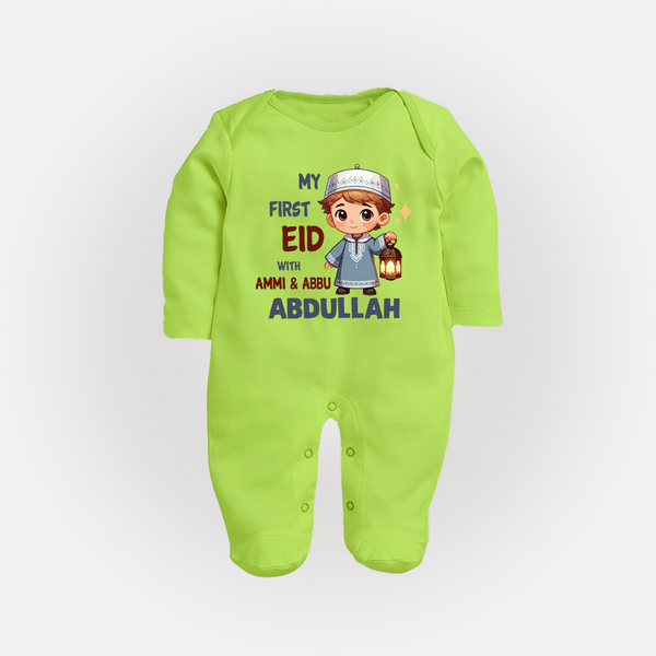 My First Eid with Ammi & Abbu Lantern Boy Personalized Baby Full Body Suit - LIME GREEN - New Born (Chest 7.5")