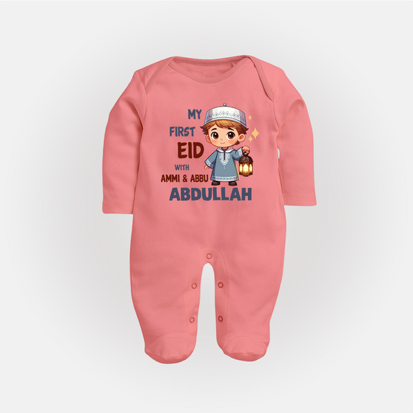 My First Eid with Ammi & Abbu Lantern Boy Personalized Baby Full Body Suit - PEACH - New Born (Chest 7.5")