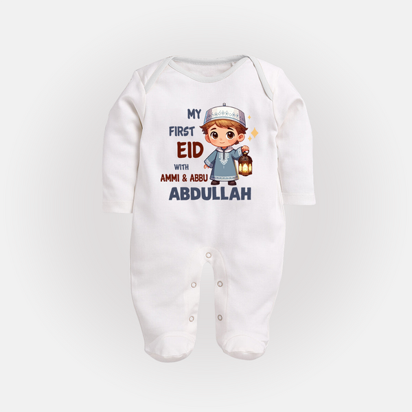 My First Eid with Ammi & Abbu Lantern Boy Personalized Baby Full Body Suit - WHITE - New Born (Chest 7.5")