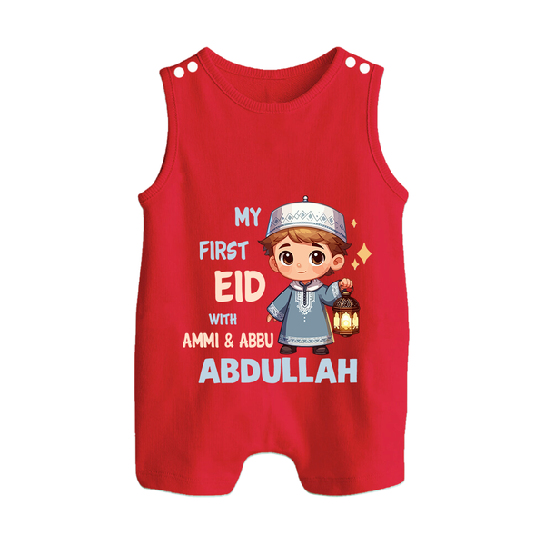 My First Eid with Ammi & Abbu Lantern Boy Personalized Baby Button Romper - RED - New Born (Chest 18")