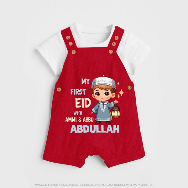 My First Eid with Ammi & Abbu Lantern Boy Personalized Baby dungaree - RED - 0 - 5 Months Old (Chest 18")