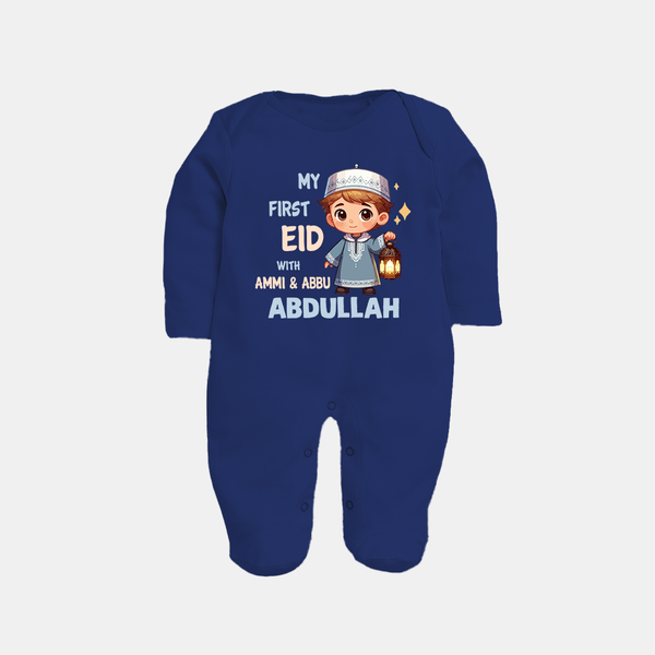 My First Eid with Ammi & Abbu Lantern Boy Personalized Baby Full Body Suit - NAVY BLUE - New Born (Chest 7.5")