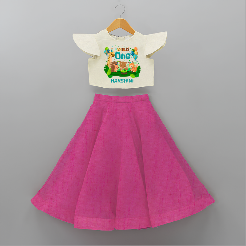 Celebrate The 1st Birthday With Wild Theme - Personalized Birthday Crop Top And Skirt With Customized Name - FUSCHIA - 6 - 9 Months Old (Chest 20" , Frock Waist 20")