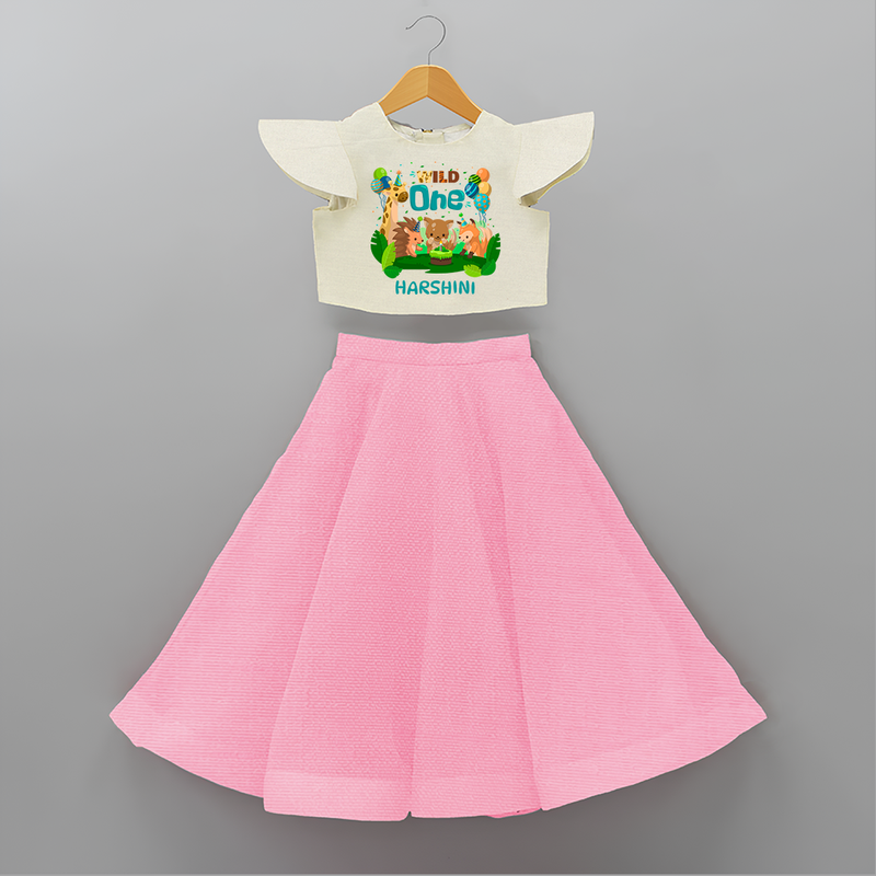 Celebrate The 1st Birthday With Wild Theme - Personalized Birthday Crop Top And Skirt With Customized Name - PINK - 6 - 9 Months Old (Chest 20" , Frock Waist 20")