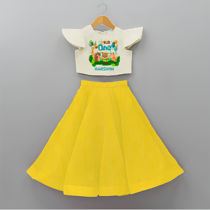 Celebrate The 1st Birthday With Wild Theme - Personalized Birthday Crop Top And Skirt With Customized Name - YELLOW - 6 - 9 Months Old (Chest 20" , Frock Waist 20")