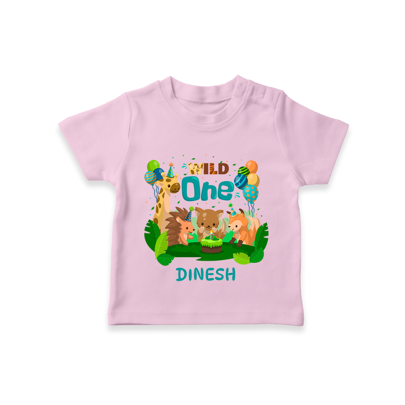 Celebrate The 1st Birthday With Wild Theme - Personalized Birthday T-Shirts With Customized Name - PINK - 0-5 Months Old (Chest 17")