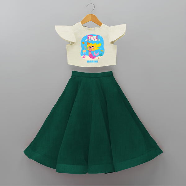 Celebrate The 2nd Birthday With Ocean Theme - Personalized Birthday Crop Top And Skirt With Customized Name - BOTTLE GREEN - 6 - 9 Months Old (Chest 20" , Frock Waist 20")