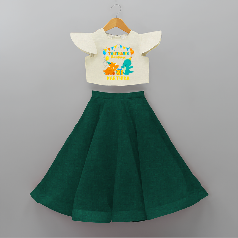 Celebrate The 3rd Birthday With Dino Theme - Personalized Birthday Crop Top And Skirt With Customized Name - BOTTLE GREEN - 6 - 9 Months Old (Chest 20" , Frock Waist 20")