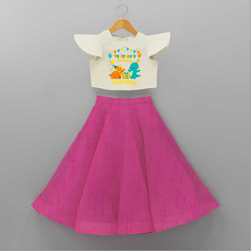 Celebrate The 3rd Birthday With Dino Theme - Personalized Birthday Crop Top And Skirt With Customized Name - FUSCHIA - 6 - 9 Months Old (Chest 20" , Frock Waist 20")