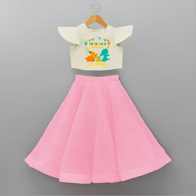 Celebrate The 3rd Birthday With Dino Theme - Personalized Birthday Crop Top And Skirt With Customized Name - PINK - 6 - 9 Months Old (Chest 20" , Frock Waist 20")