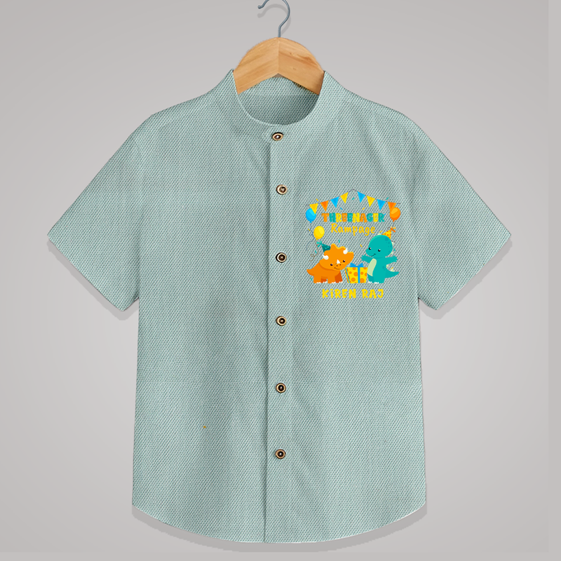 Celebrate The 3rd Birthday With Dino Theme - Personalized Birthday Shirts With Customized Name - ARCTIC BLUE - 0 - 6 Months Old (Chest 23")