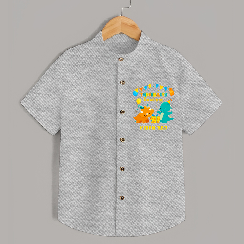 Celebrate The 3rd Birthday With Dino Theme - Personalized Birthday Shirts With Customized Name - GREY MELANGE - 0 - 6 Months Old (Chest 23")