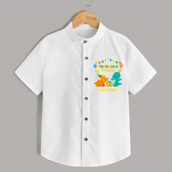 Celebrate The 3rd Birthday With Dino Theme - Personalized Birthday Shirts With Customized Name - WHITE - 0 - 6 Months Old (Chest 23")