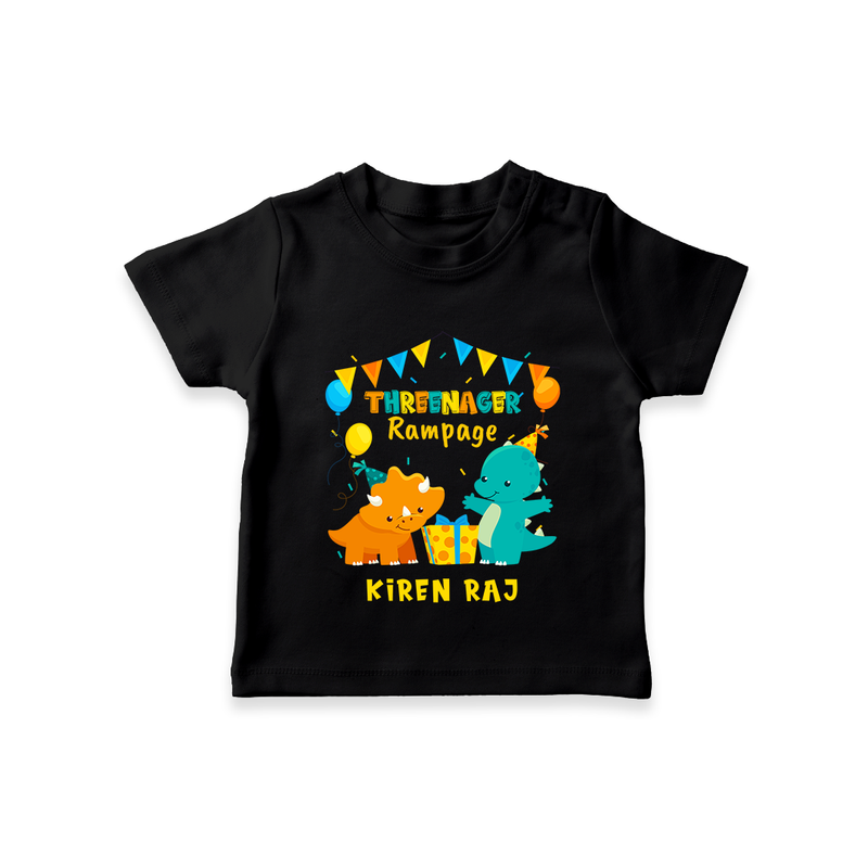 Celebrate The 3rd Birthday With Dino Theme - Personalized Birthday T-Shirts With Customized Name - BLACK - 0-5 Months Old (Chest 17")