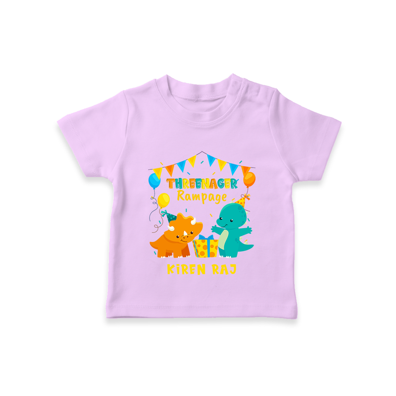 Celebrate The 3rd Birthday With Dino Theme - Personalized Birthday T-Shirts With Customized Name - LILAC - 0-5 Months Old (Chest 17")