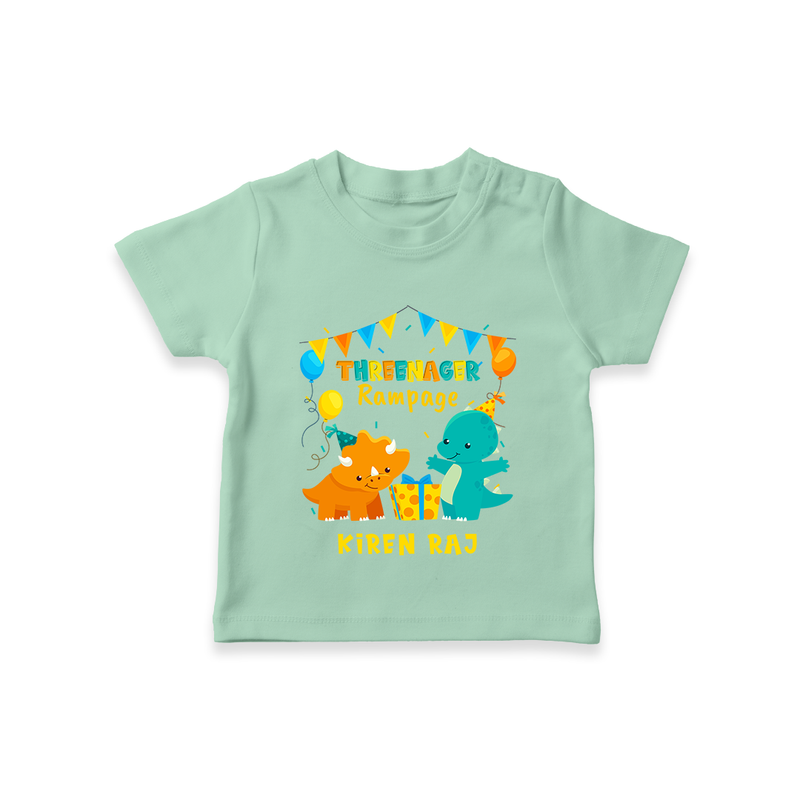 Celebrate The 3rd Birthday With Dino Theme - Personalized Birthday T-Shirts With Customized Name - MINT GREEN - 0-5 Months Old (Chest 17")